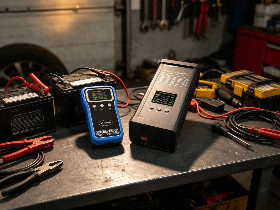 Battery test equipment on a workbench